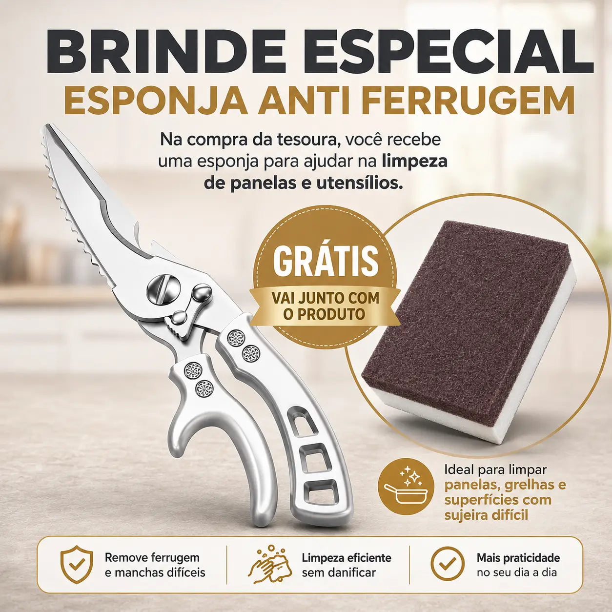 Tesoura Multifuncional de Cozinha em Aço Inoxidável + Esponja Mágica Remove Ferrugem - Envio nacional
