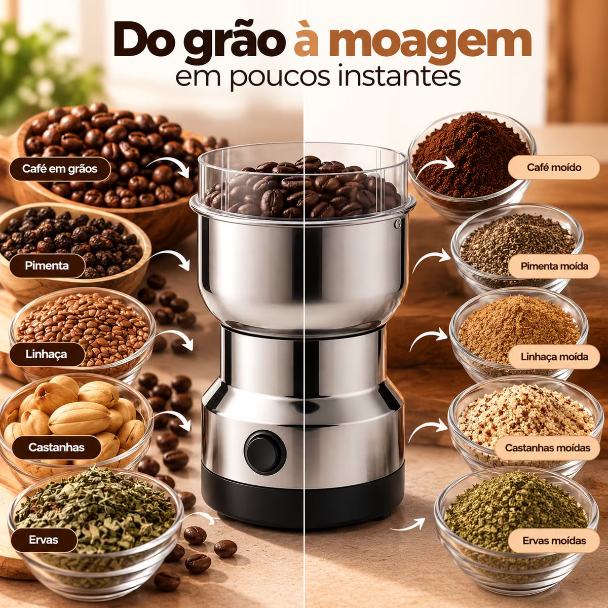 Moedor Elétrico Multifuncional de Café e Especiarias em Aço Inox – 4 Lâminas