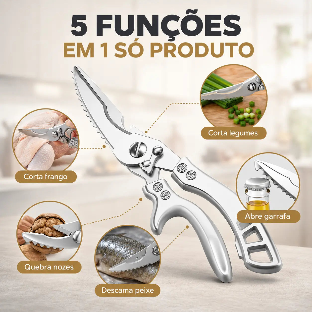 Tesoura Multifuncional de Cozinha em Aço Inoxidável + Esponja Mágica Remove Ferrugem - Envio nacional