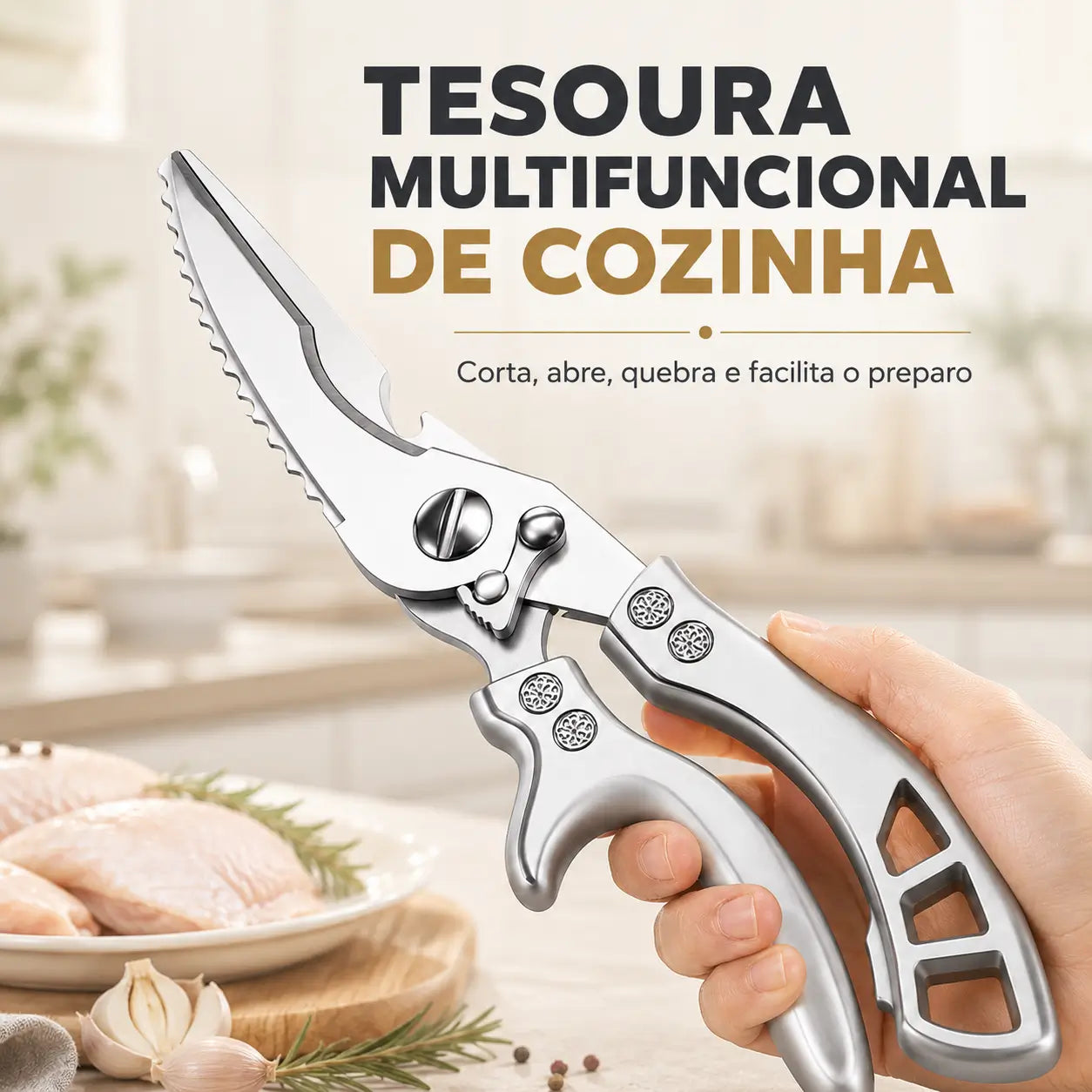 Tesoura Multifuncional de Cozinha em Aço Inoxidável + Esponja Mágica Remove Ferrugem - Envio nacional