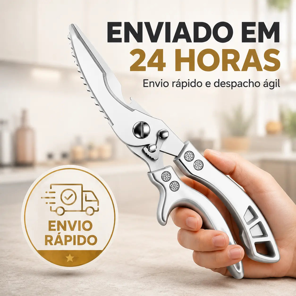 Tesoura Multifuncional de Cozinha em Aço Inoxidável + Esponja Mágica Remove Ferrugem - Envio nacional