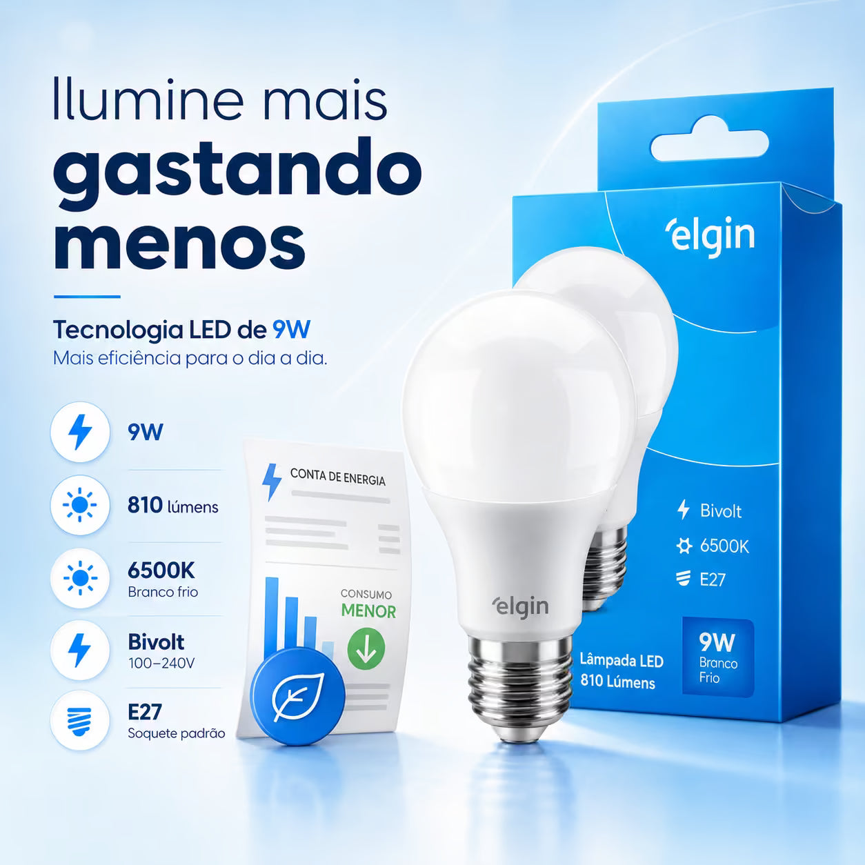 Kit Lâmpadas LED Elgin 9W Bivolt Branco Frio E27 — Original INMETRO - Envio nacional