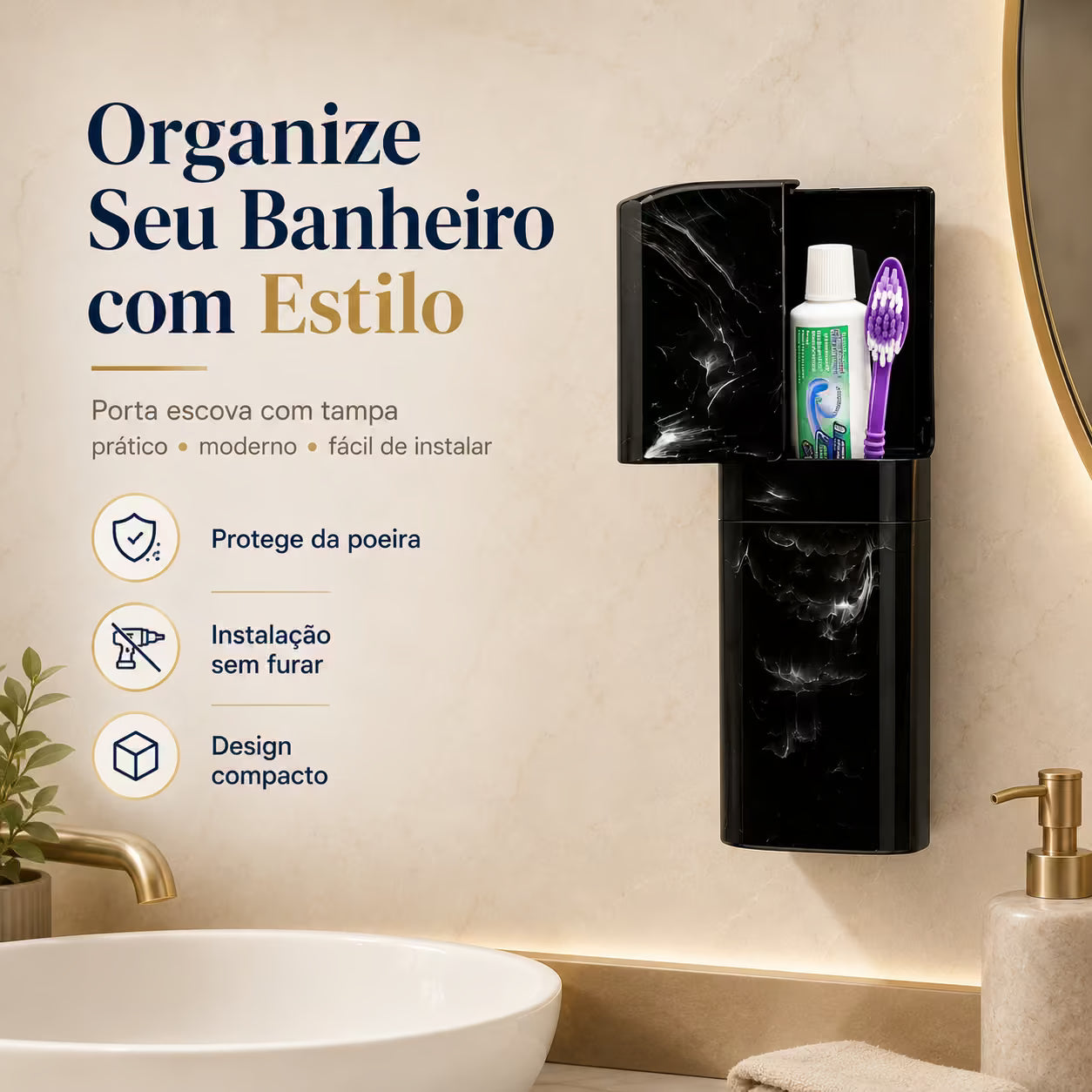 Porta Escovas e Creme Dental com Encaixe Adesivo - Evita Bactérias
