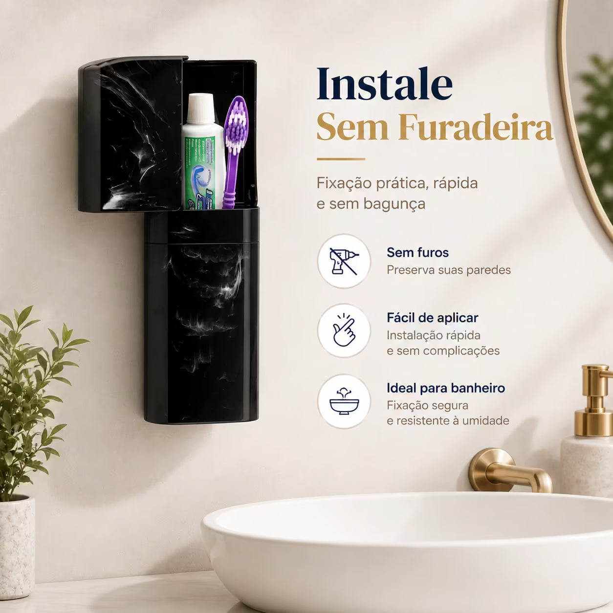 Porta Escovas e Creme Dental com Encaixe Adesivo - Evita Bactérias