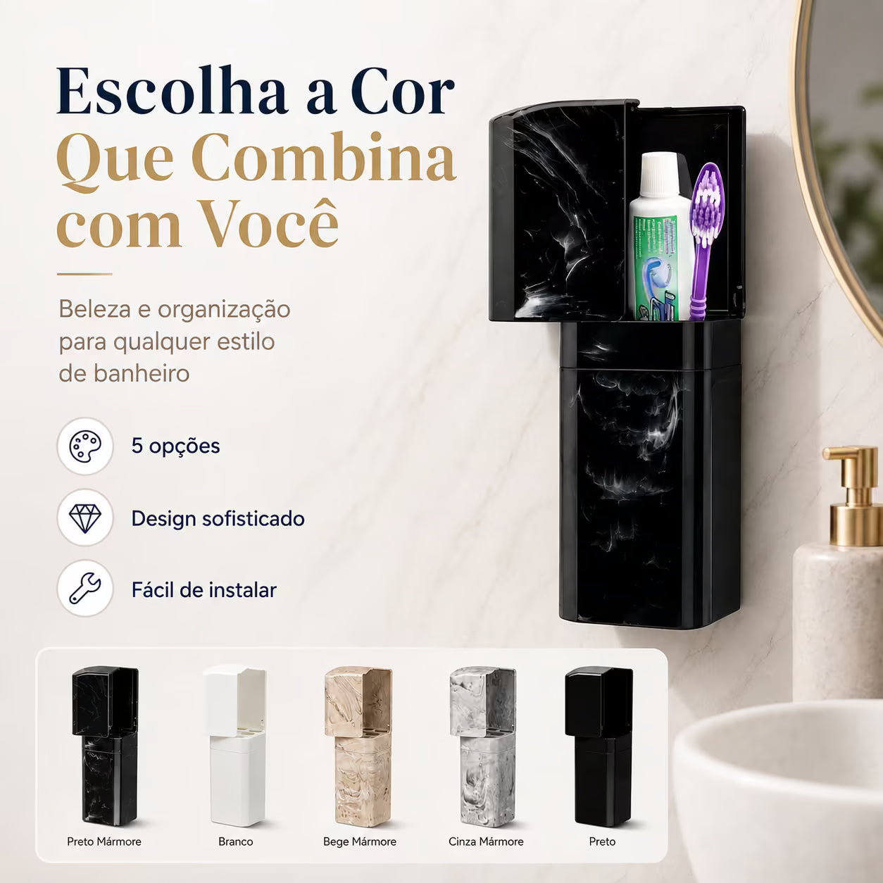 Porta Escovas e Creme Dental com Encaixe Adesivo - Evita Bactérias