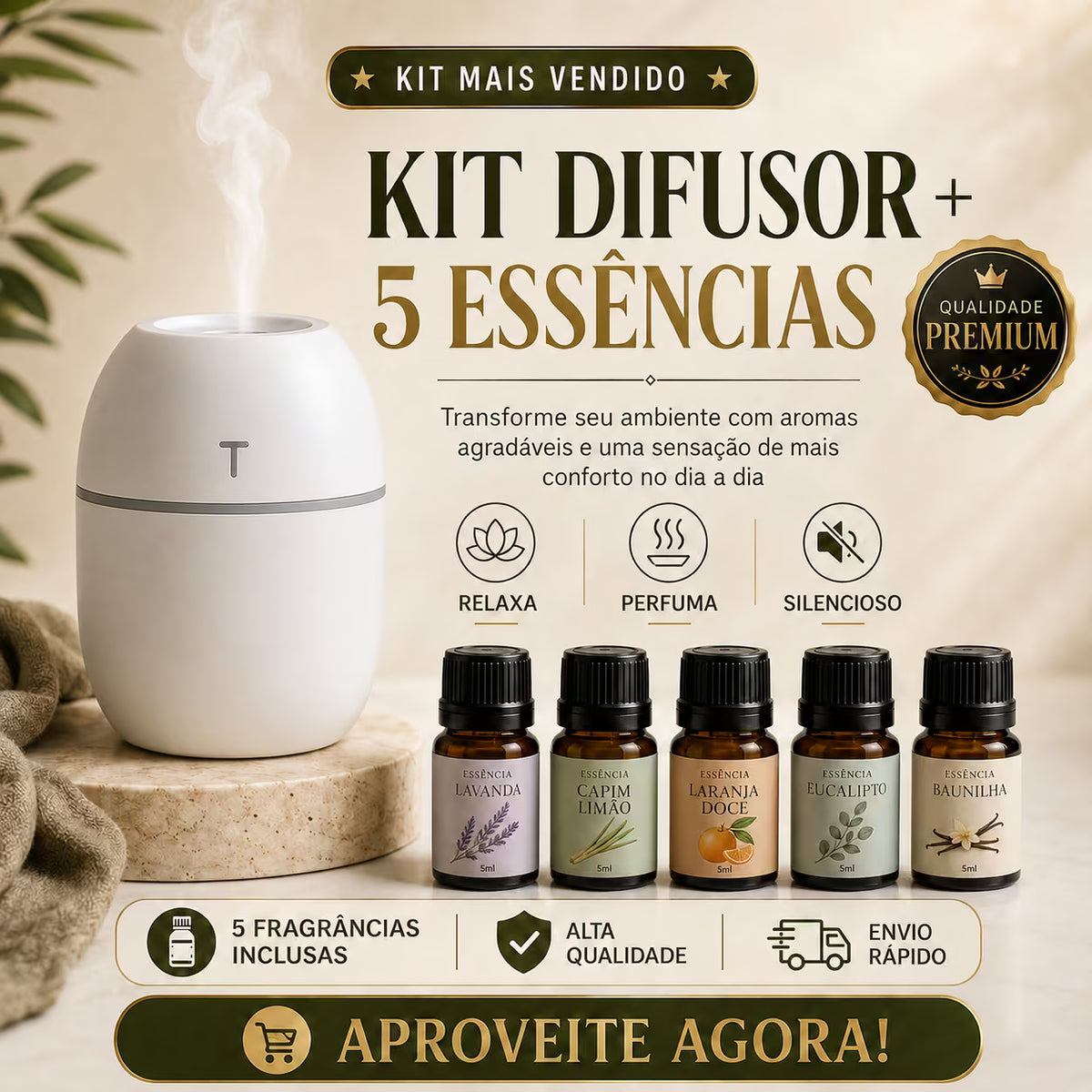 Kit Umidificador + 5 Essências Premium – Ar Mais Agradável e Ambiente Perfumado