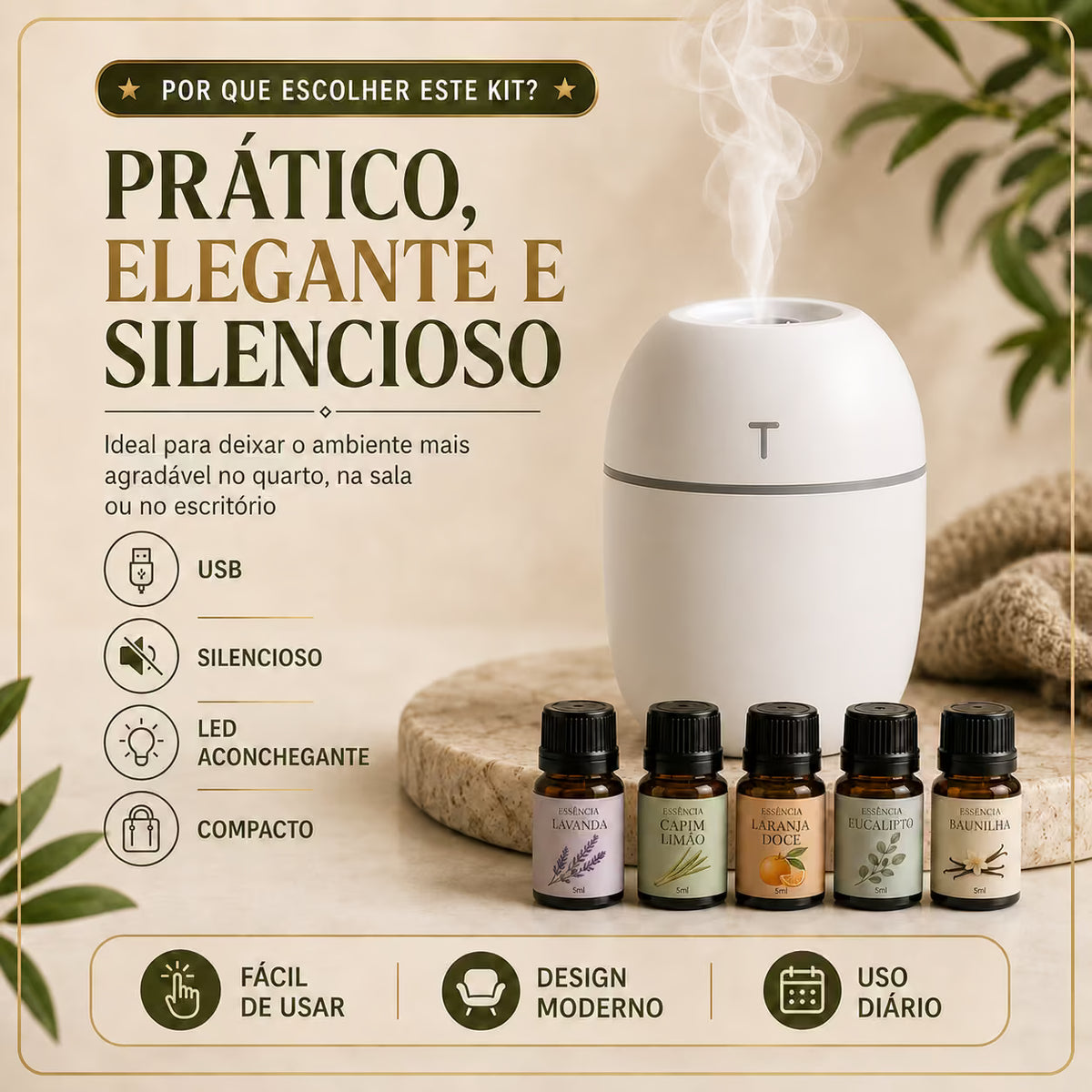 Kit Umidificador + 5 Essências Premium – Ar Mais Agradável e Ambiente Perfumado