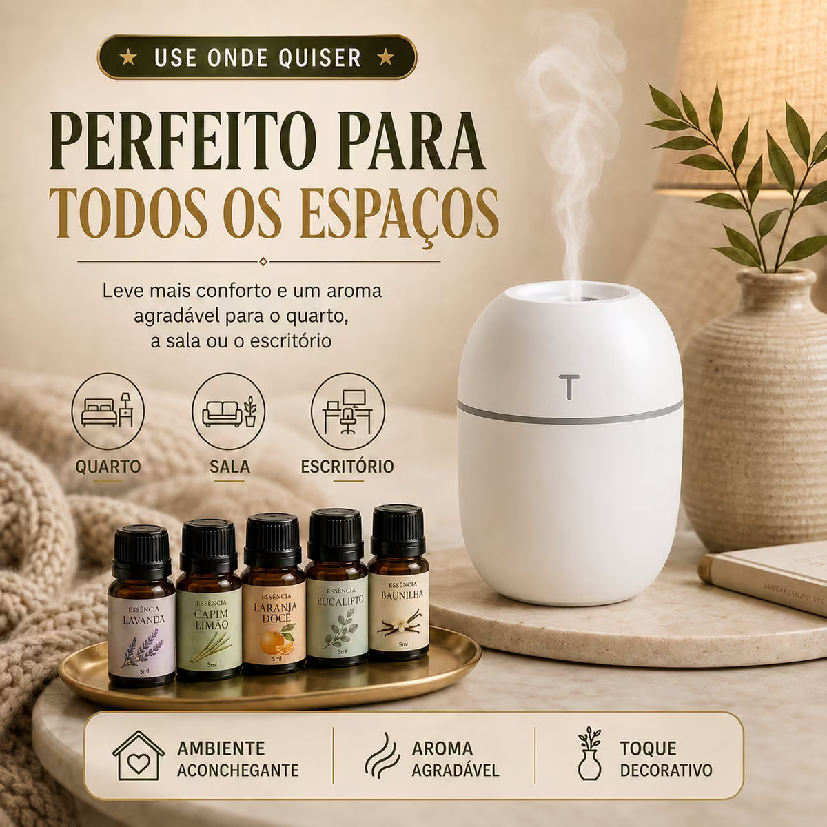 Kit Umidificador + 5 Essências Premium – Ar Mais Agradável e Ambiente Perfumado