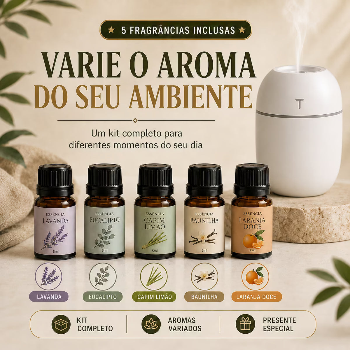 Kit Umidificador + 5 Essências Premium – Ar Mais Agradável e Ambiente Perfumado