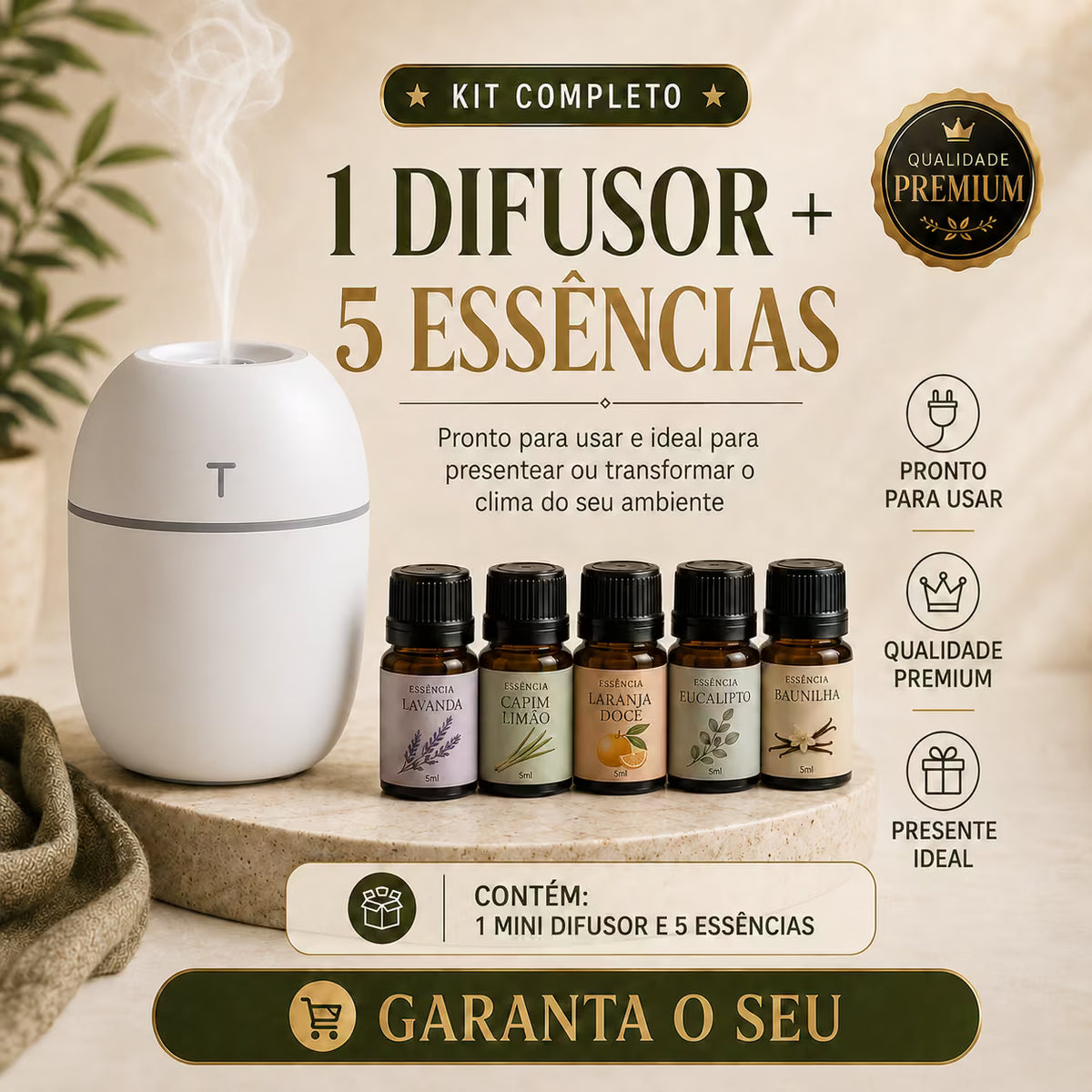 Kit Umidificador + 5 Essências Premium – Ar Mais Agradável e Ambiente Perfumado