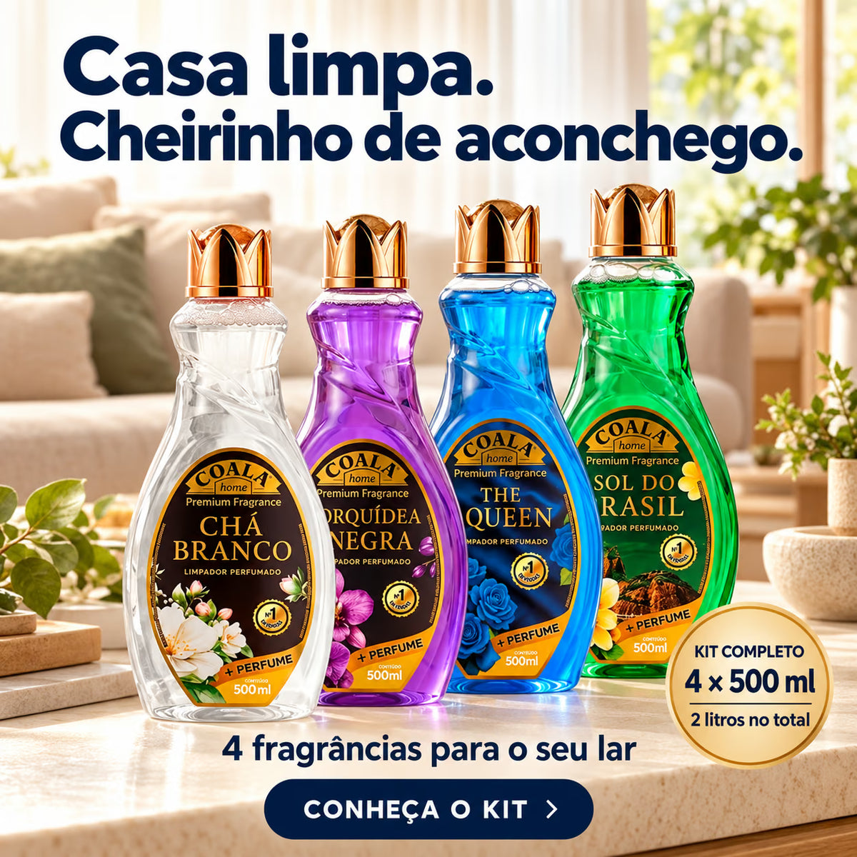 Kit Coala com quatro limpadores perfumados de 500 ml em uma sala acolhedora