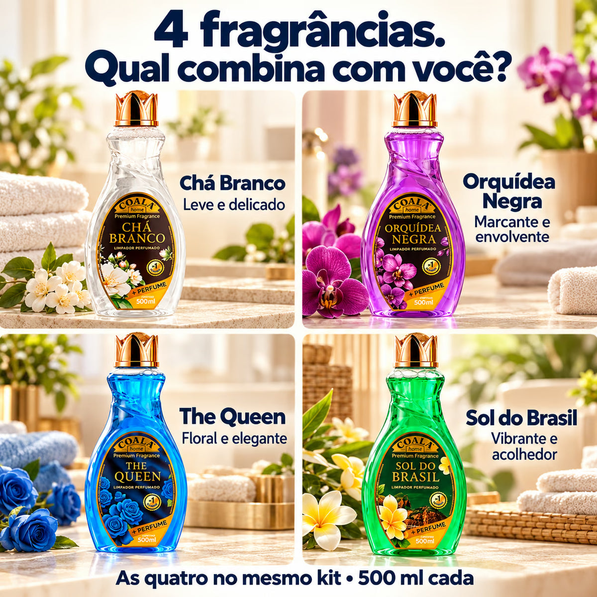 As quatro fragrâncias do Kit Coala: Chá Branco, Orquídea Negra, The Queen e Sol do Brasil