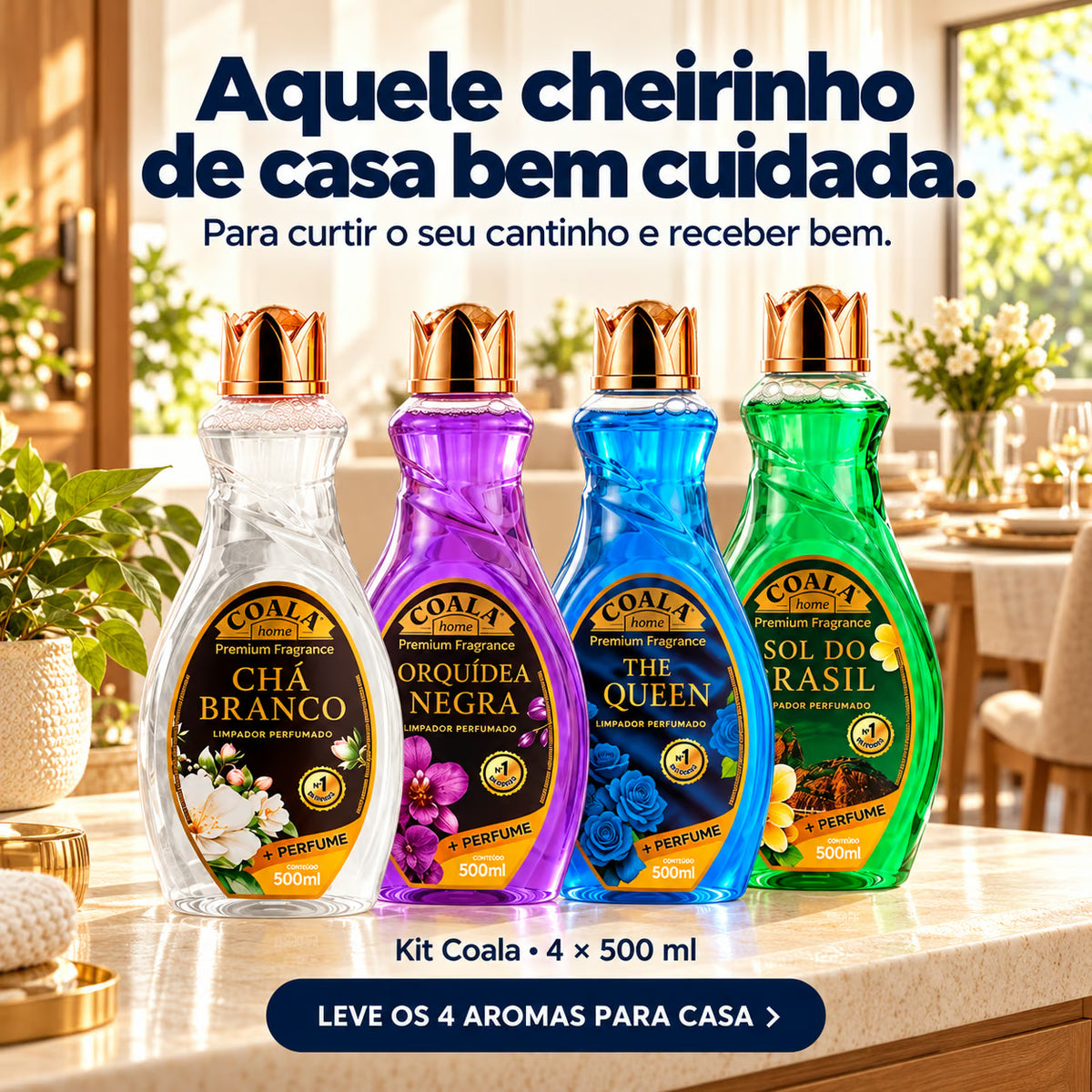 Kit Coala em ambiente acolhedor, com quatro fragrâncias de 500 ml