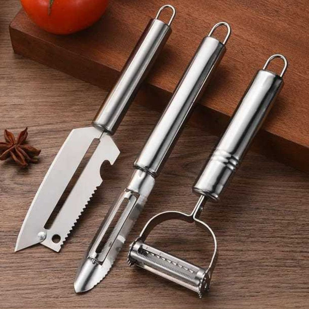 Kit com 3 descascadores de aço inox para legumes, frutas, peixe e queijo