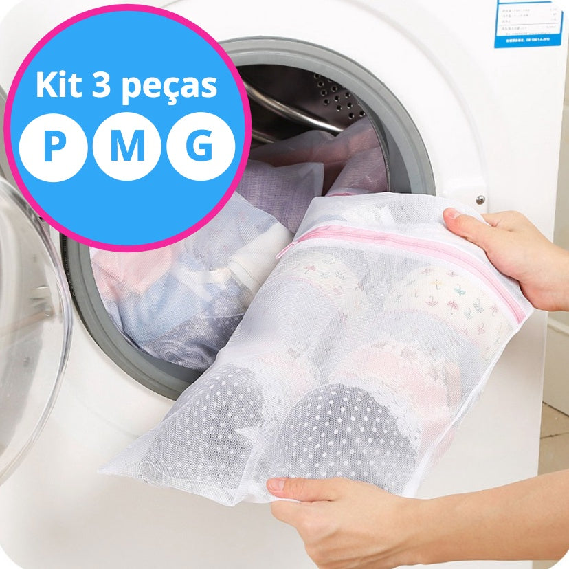 Kit com três sacos para lavar roupas delicadas nos tamanhos P, M e G