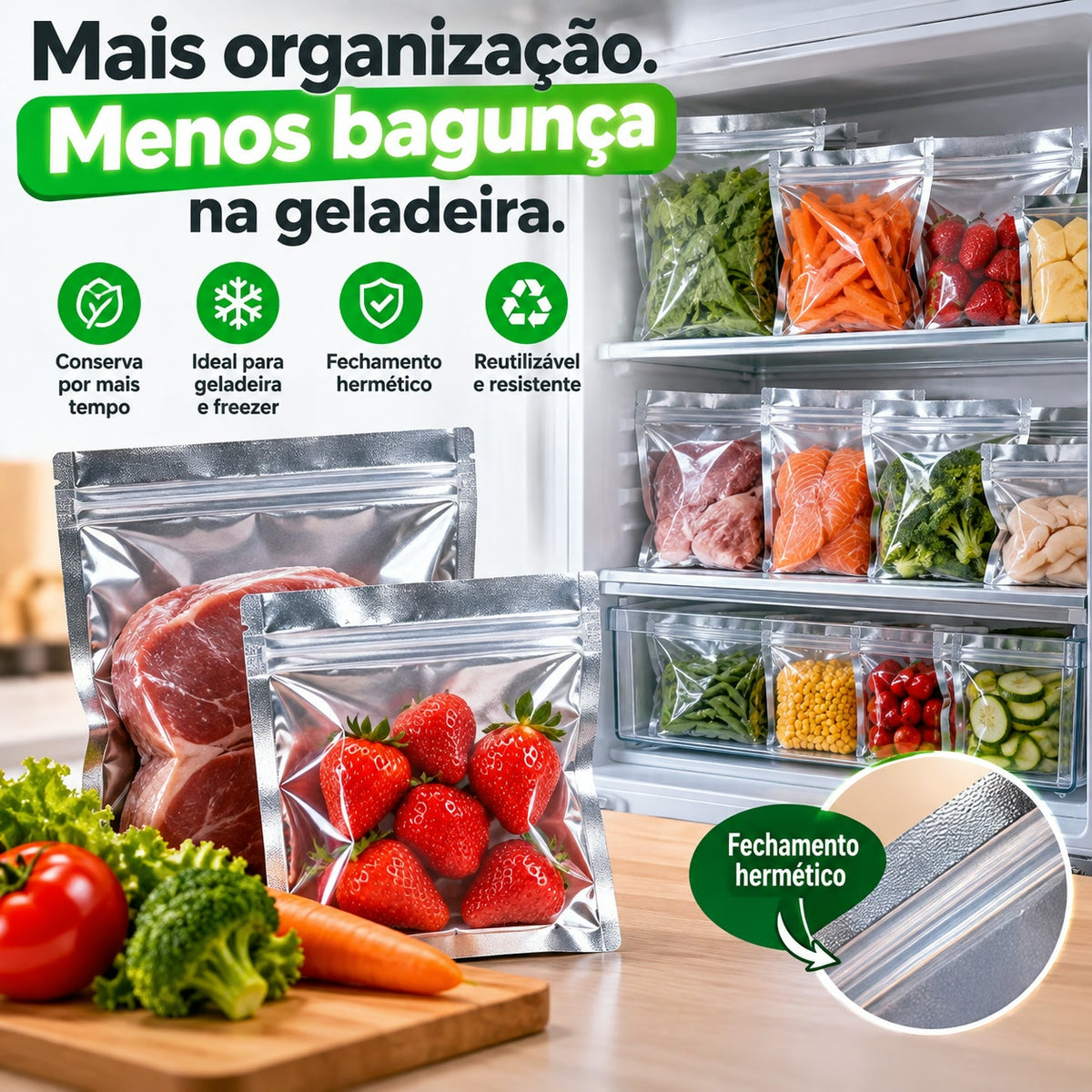 Sacos herméticos reutilizáveis organizados na geladeira