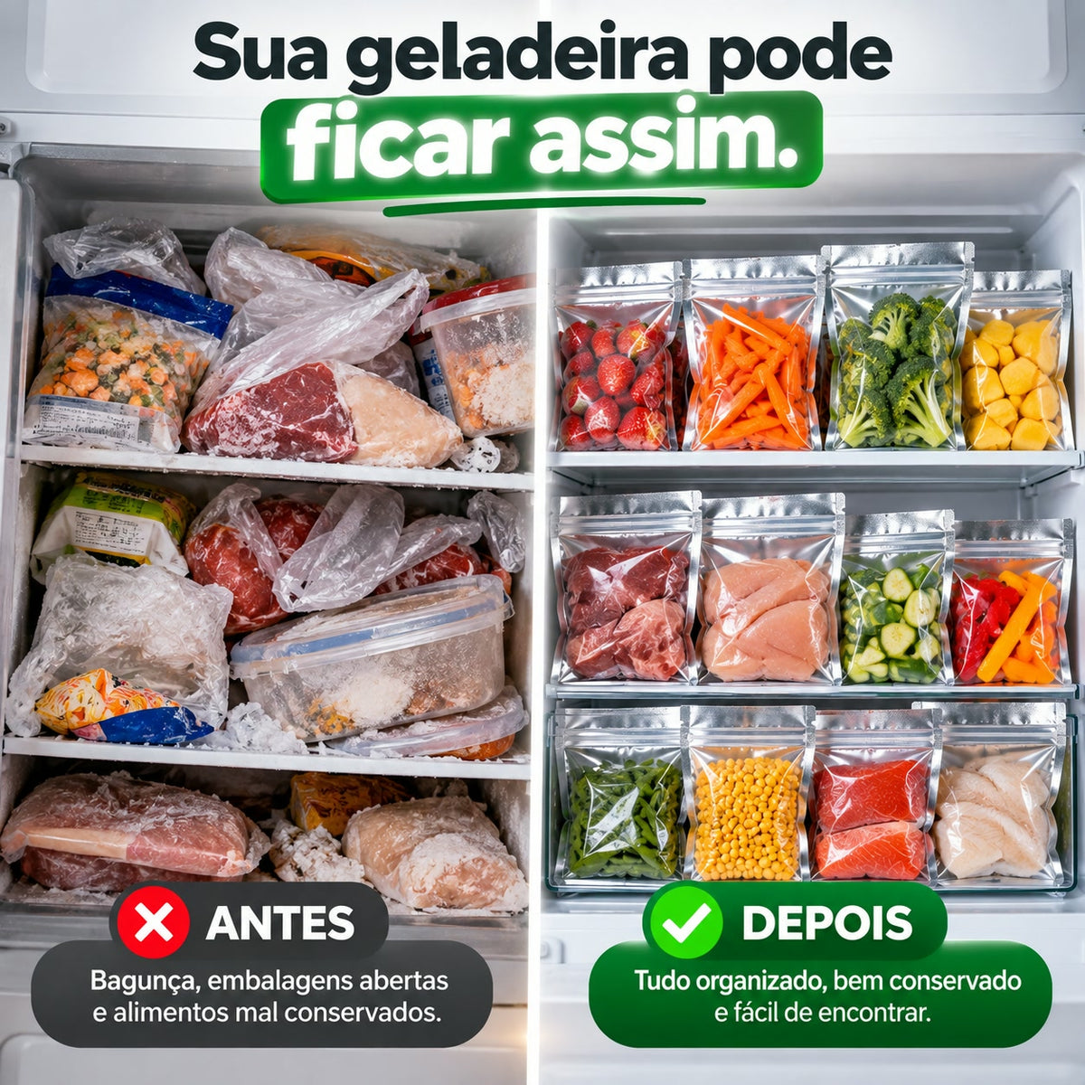 Geladeira antes e depois da organização com sacos herméticos