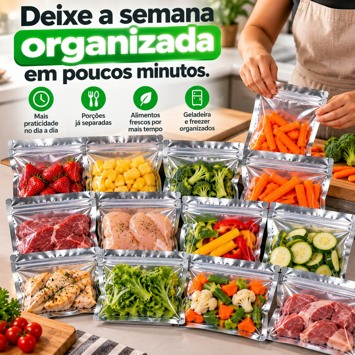 Porções da semana organizadas em sacos herméticos