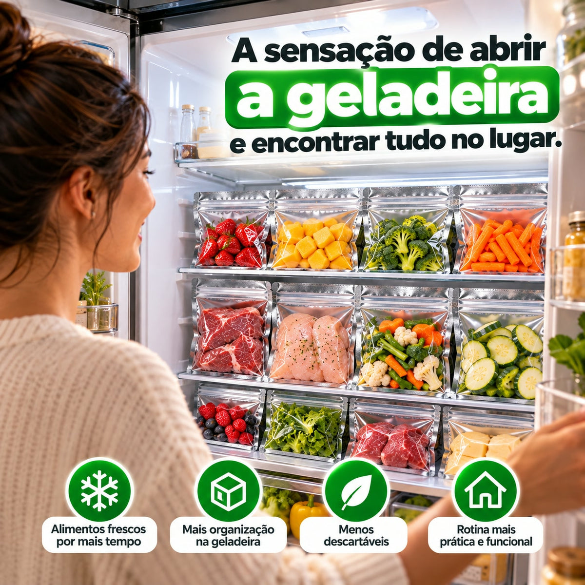Geladeira organizada com sacos herméticos reutilizáveis