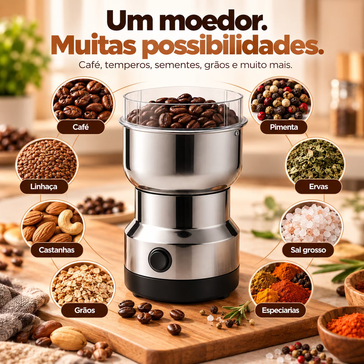 Moedor Elétrico Multifuncional de Café e Especiarias em Aço Inox – 4 Lâminas