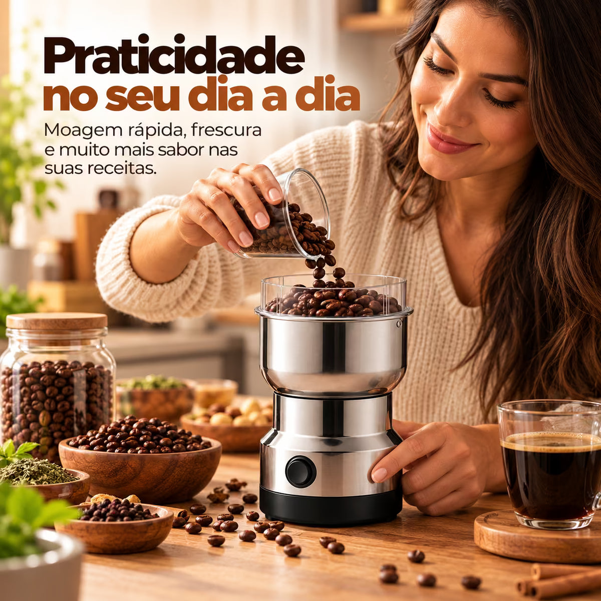 Moedor Elétrico Multifuncional de Café e Especiarias em Aço Inox – 4 Lâminas
