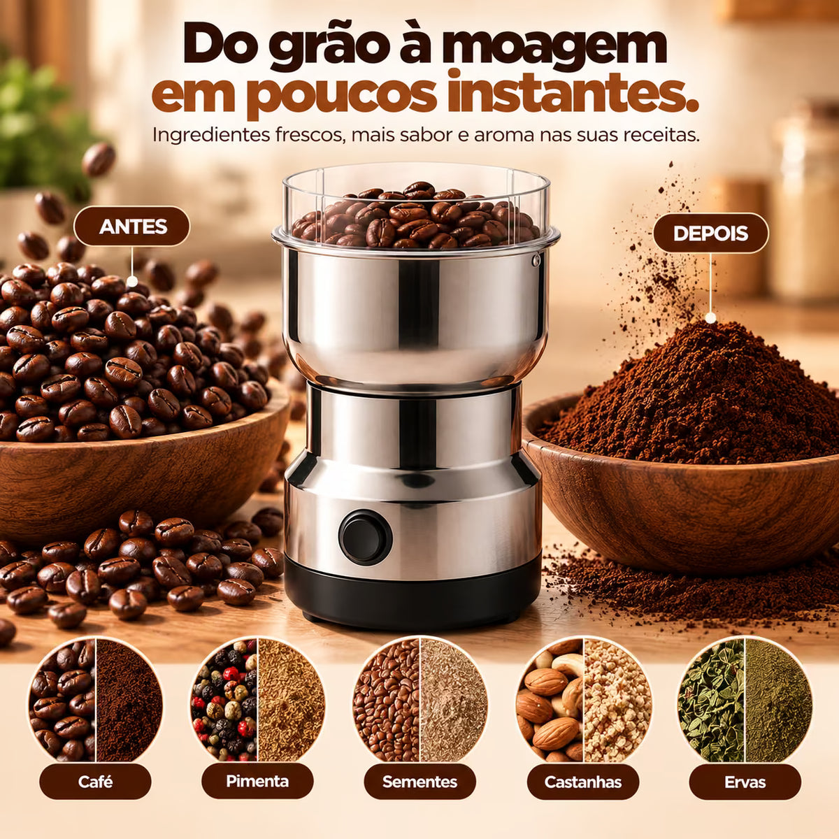 Moedor Elétrico Multifuncional de Café e Especiarias em Aço Inox – 4 Lâminas