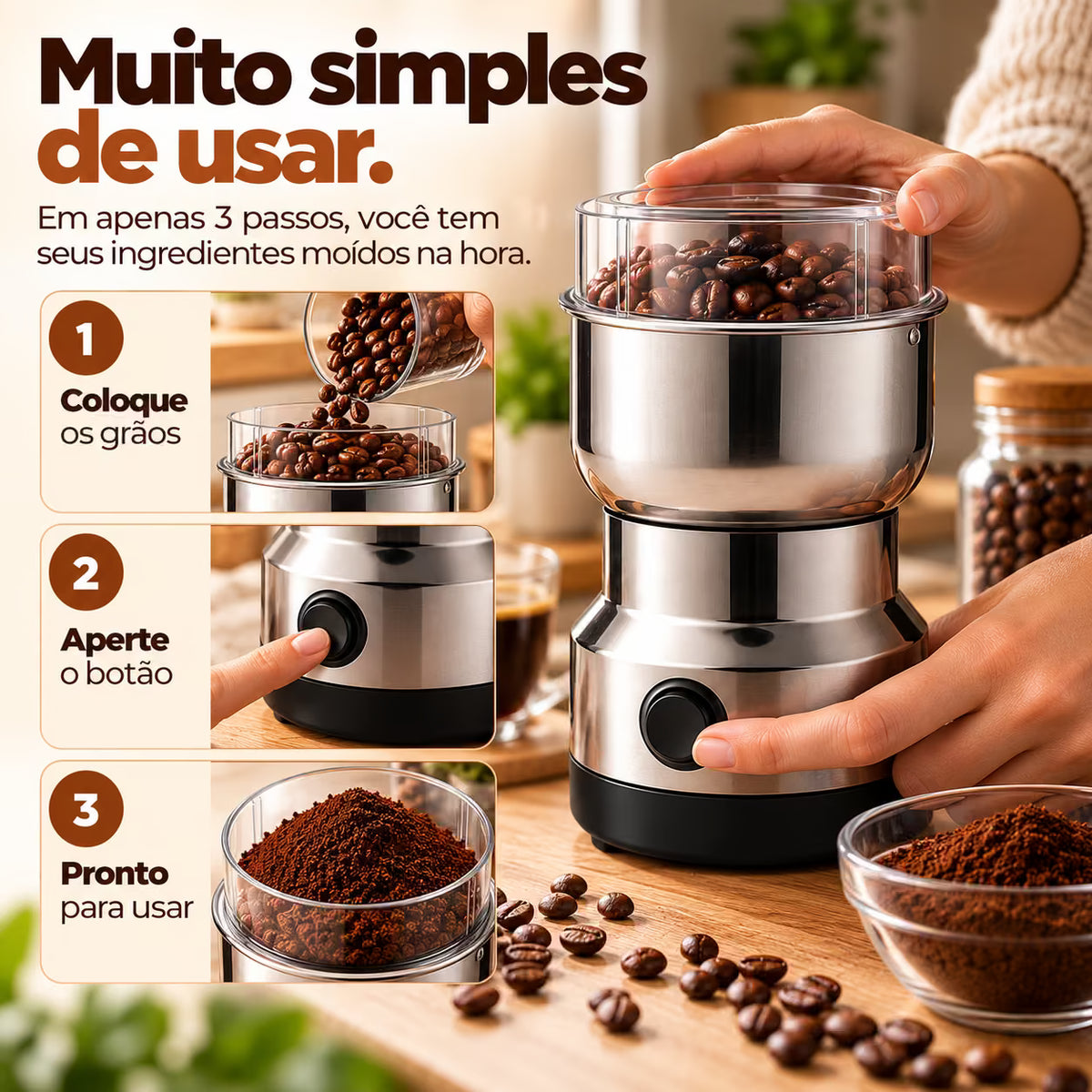 Moedor Elétrico Multifuncional de Café e Especiarias em Aço Inox – 4 Lâminas