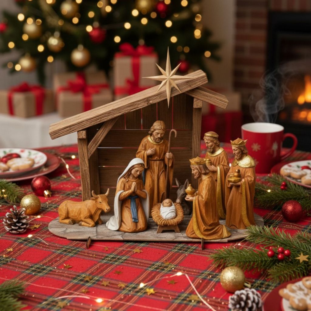 Presépio Natalino Sagrada Família decorando mesa de Natal