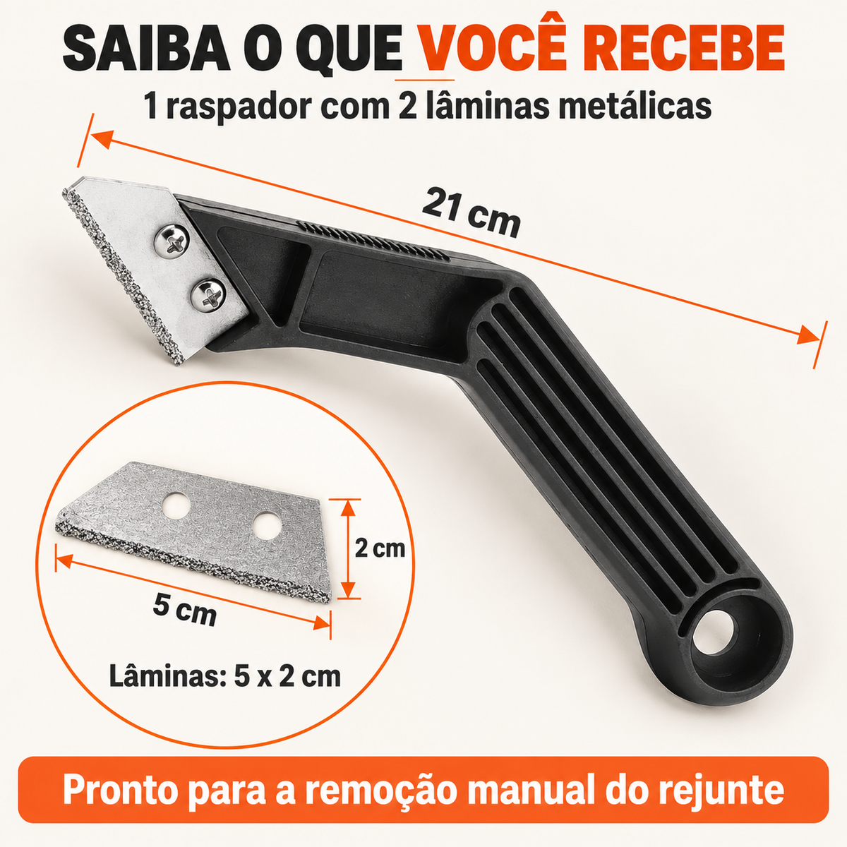 Conteúdo do pedido e medidas: raspador de 21 cm e lâminas de 5 por 2 cm