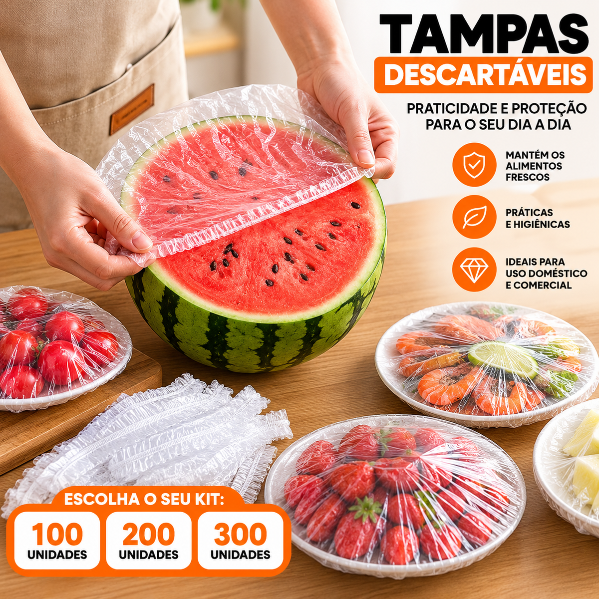 Tampas descartáveis finas com elástico cobrindo melancia, frutas e pratos; kits 100, 200 ou 300 unidades