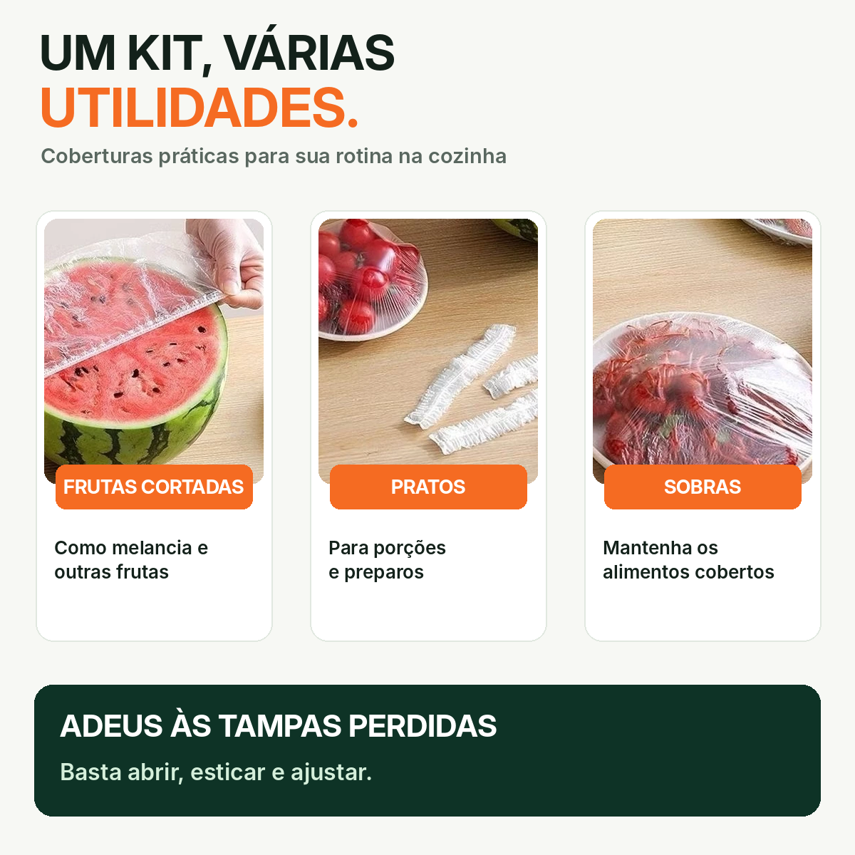 Usos das tampas plásticas com elástico para frutas, pratos e sobras de alimentos
