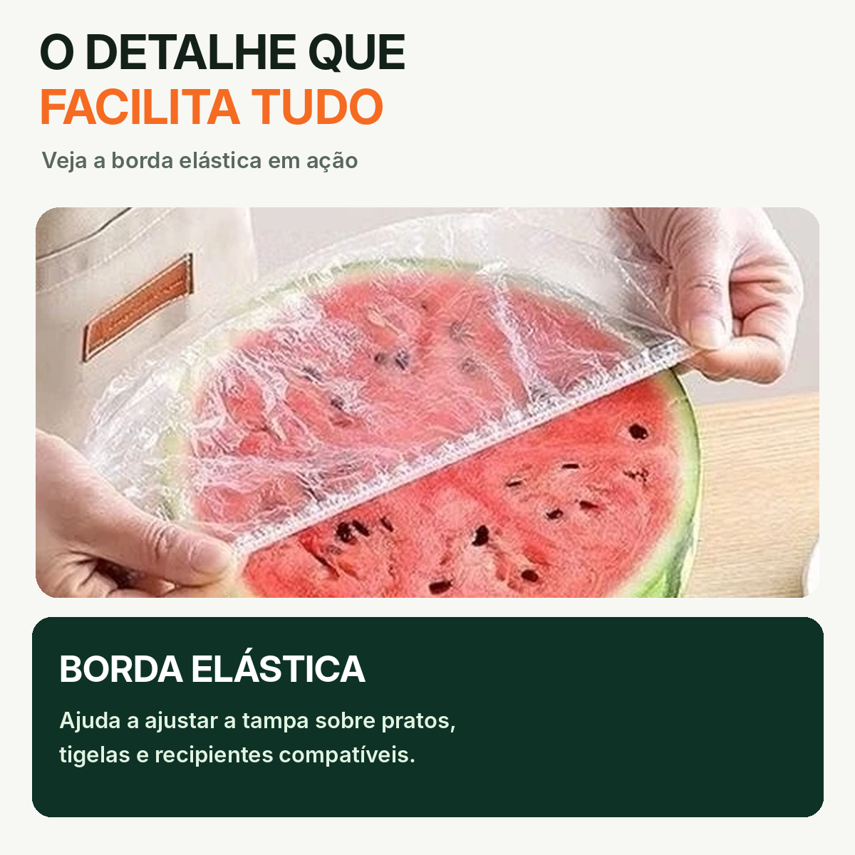 Close da borda elástica das tampas plásticas transparentes cobrindo melancia