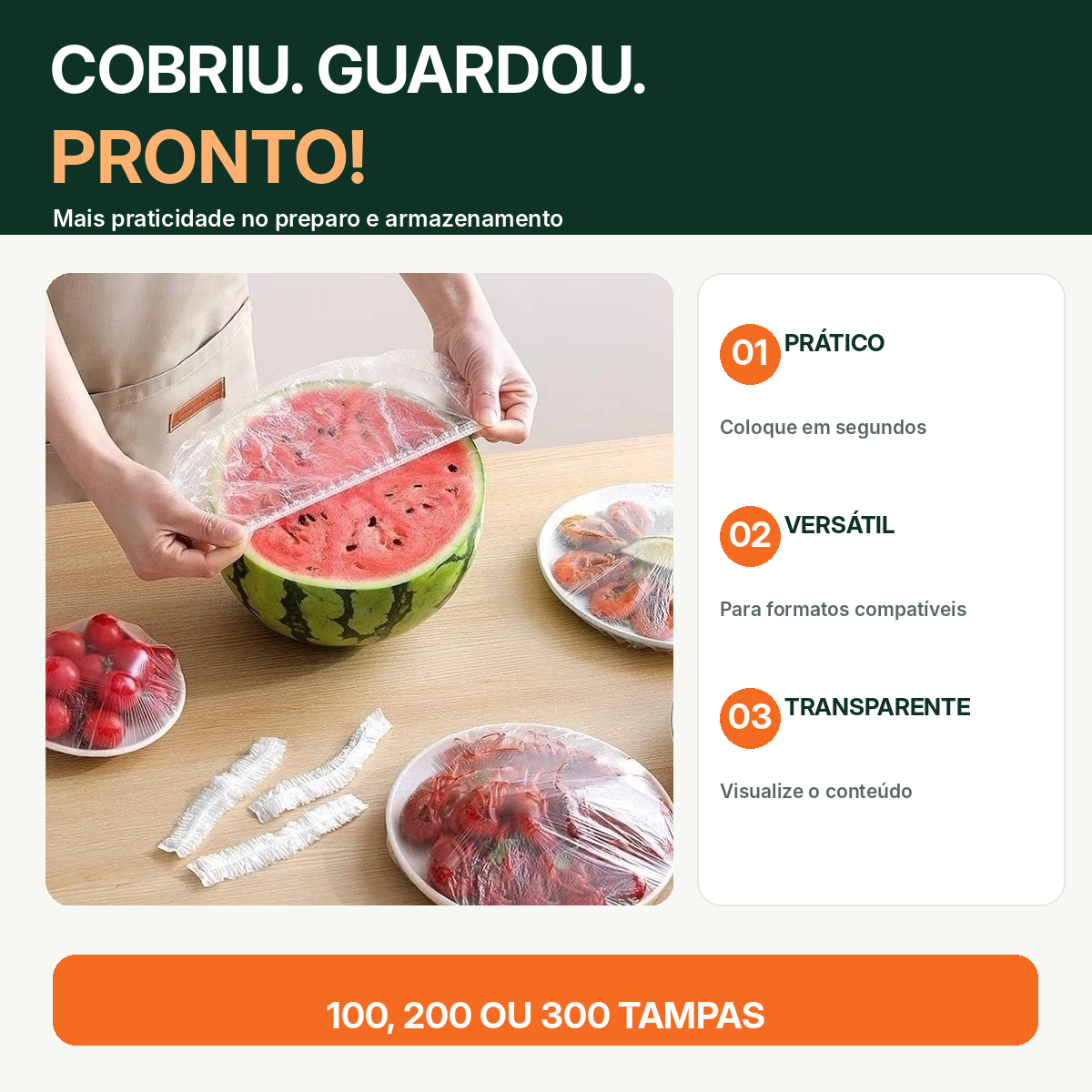 Tampas transparentes de elástico aplicadas em melancia e alimentos com benefícios de praticidade